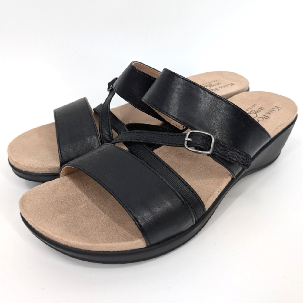 Kim Rogers Vegan Black Cream Neveah Wedge Sandals Adjustable Straps 8.5 NWOT